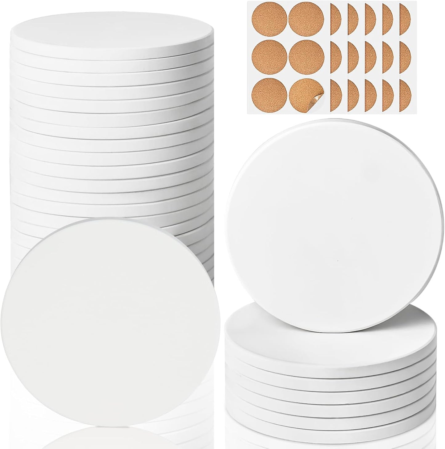 Ceramic Tiles for Crafts, GOH DODD 36 Pack Unglazed Blank Coasters with Cork Backing for Alcohol Ink Painting Acrylic Pouring Art Projects Housewarming Gifts Wedding School Education, Round, 4 Inch