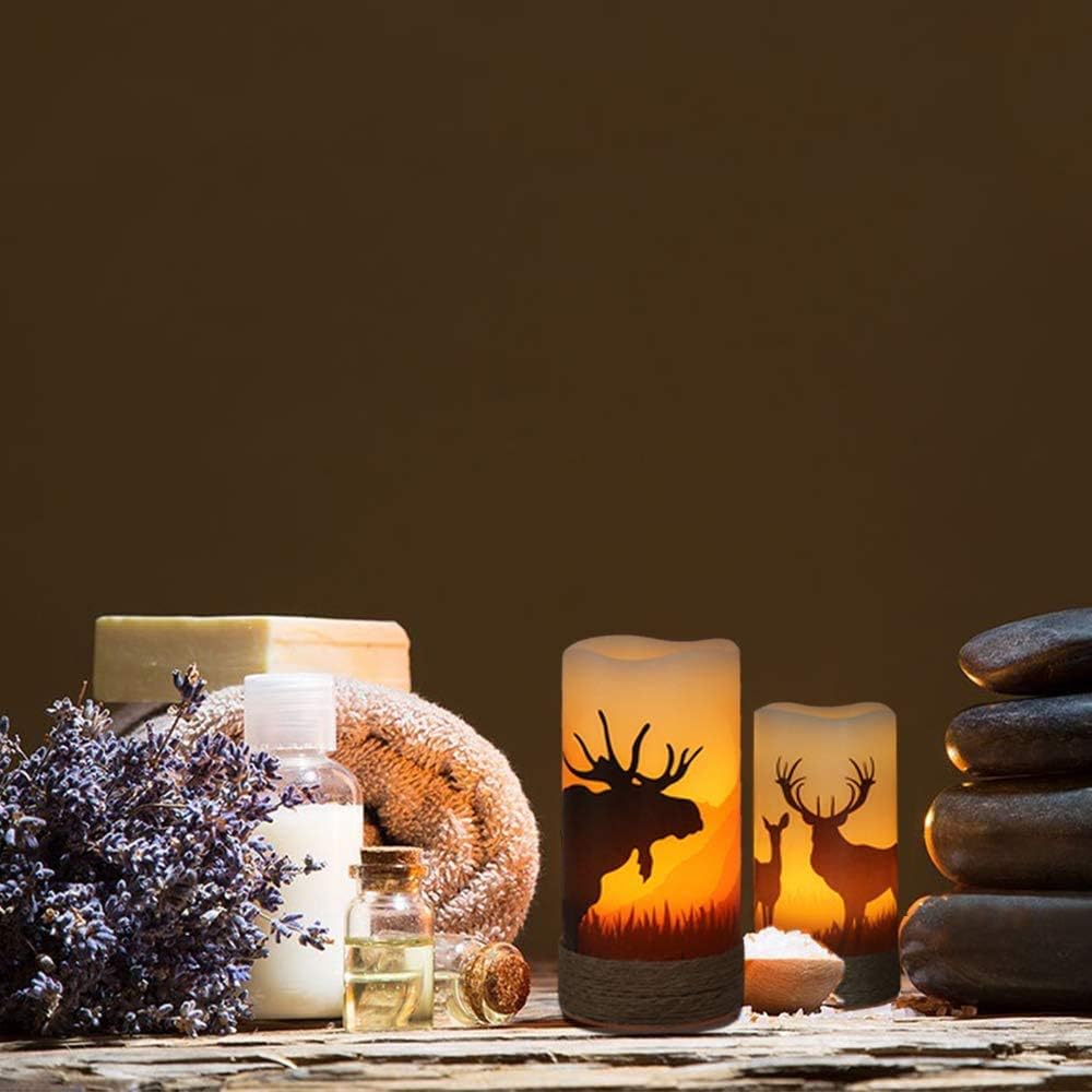 GenSwin Battery Operated Flameless Led Candles Flickering with Hemp Rope and 6H Timer, Real Wax Pillar Candles Warm Light with Deer, Moose, Bear Decals Decor Christmas Home(Pack of 3, D3 x H6)