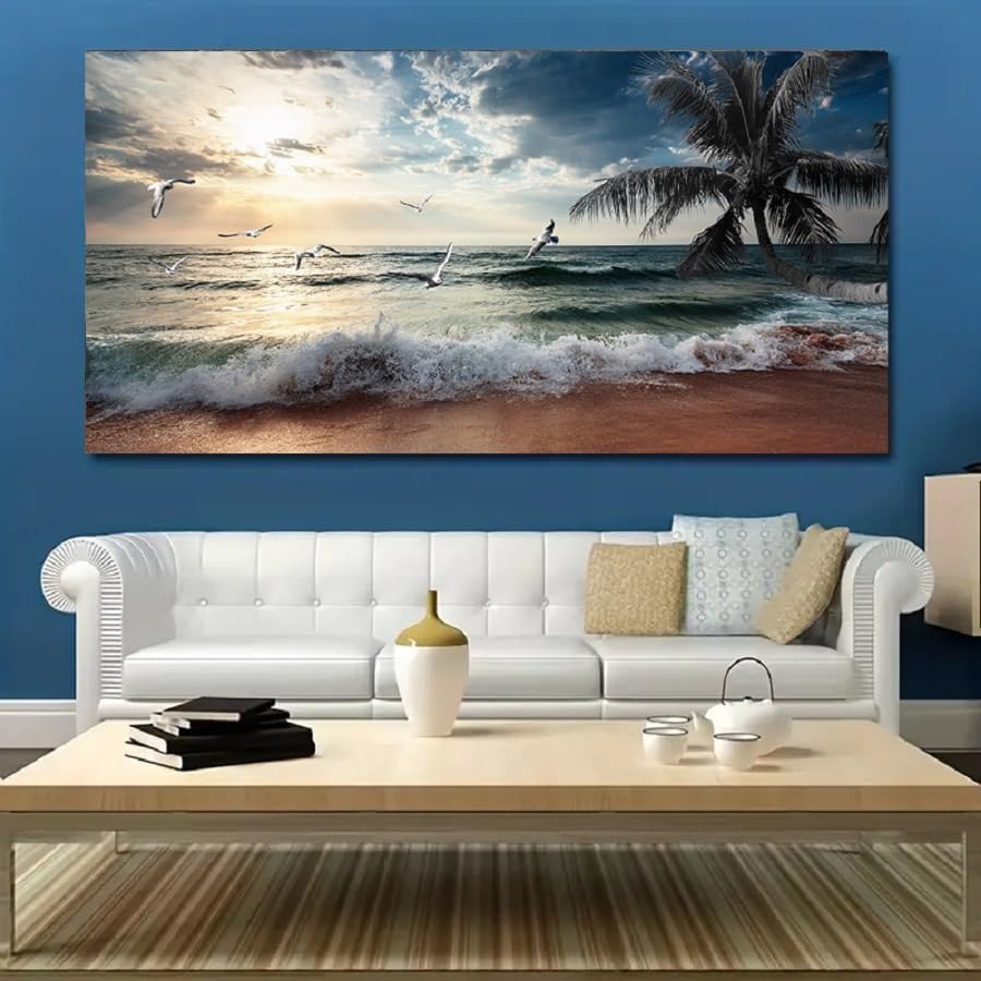 Yxbhhym Large Beach Ocean Canvas Wall Art Coast Sunset Sea Paintings Poster Seascape Picture Palm Artwork for Living Room Bedroom Home Decorations Wall Room Decor Modern Framed 24x48inches