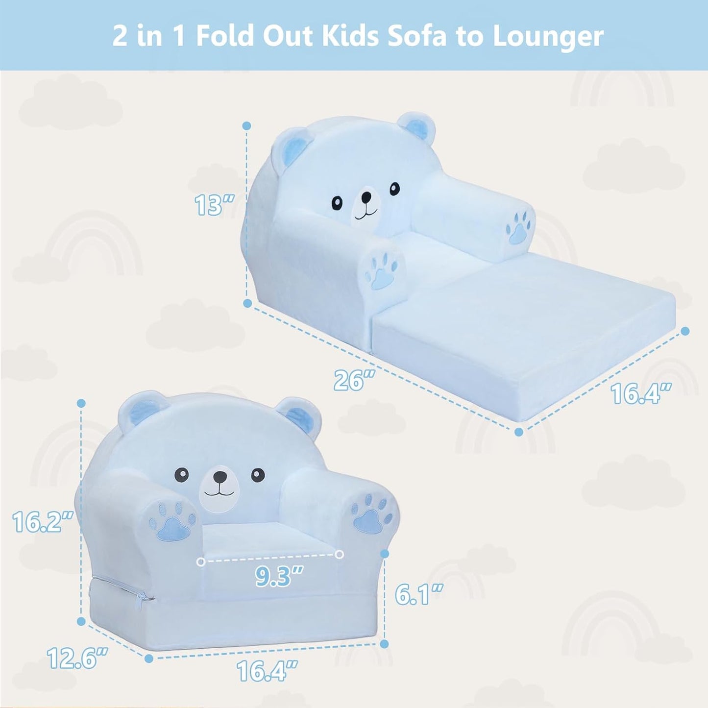 MONKISS Cute Toddler First Chair, Kids' Armchairs, Mini Couch for Baby, Blue Bear, 1~2.5 Years Old