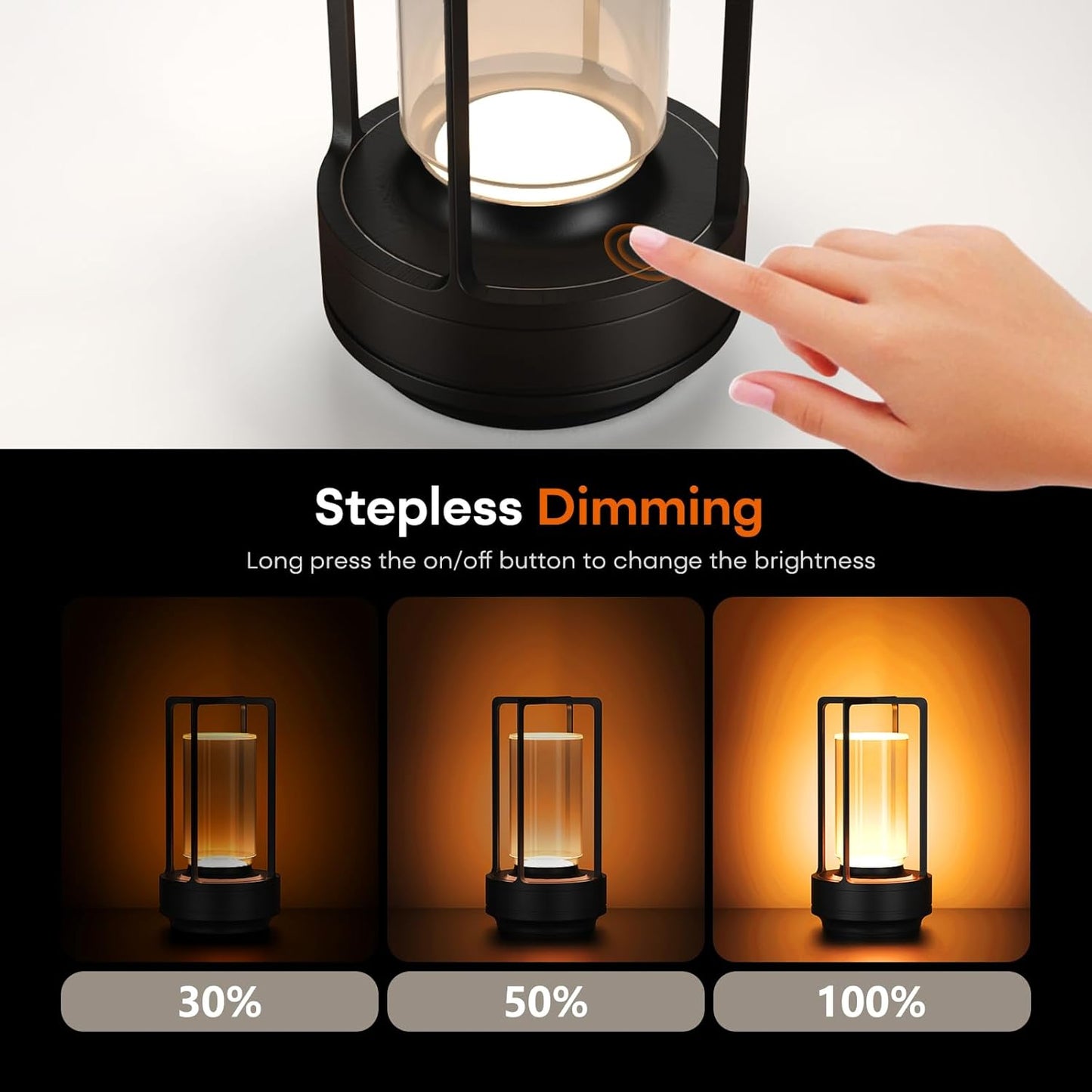 Portable Metal Table Lamp for Indoor/Outdoor ,Rechargeable Cordless LED Lamp, 3-Colour Infinitely Dimming Battery Powered Small Desk Lamp, Restaurant/Bedroom/Bar/Coffee/Camping Light (Black Set of 2)