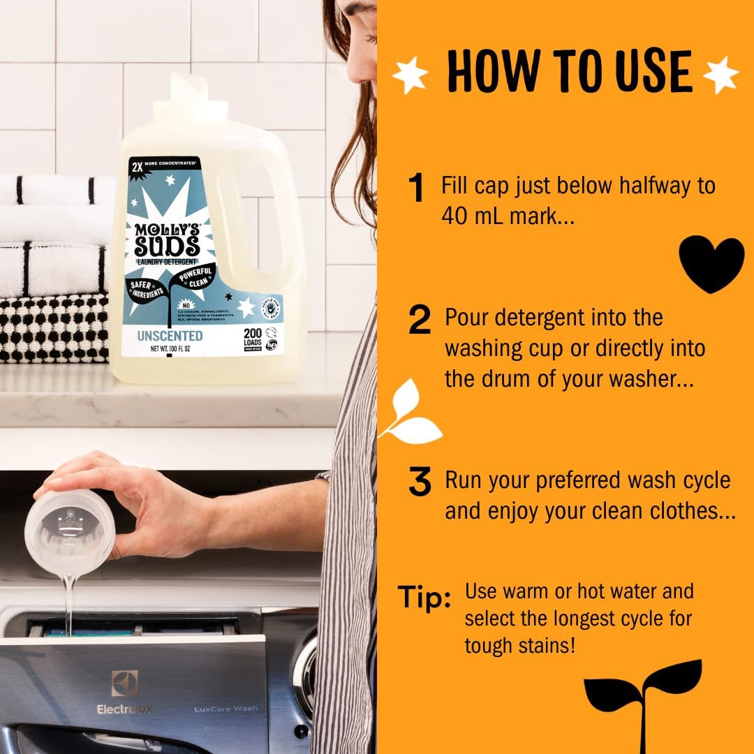 Molly's Suds Liquid Laundry Detergent | Clean Laundry Detergent Soap for Sensitive Skin | 2x Concentrated, High Efficiency (HE) (Citrus Grove - 200 Loads)