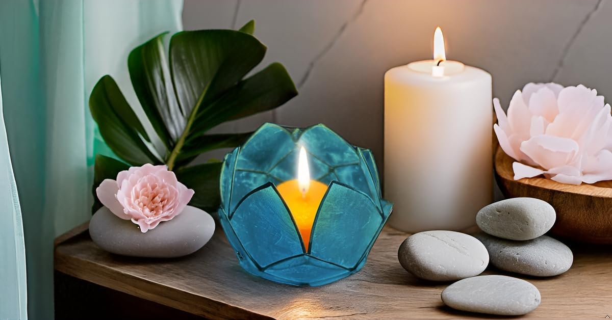 Blooming Lotus Capiz Shell Tealight Candle Holder, Handcrafted Decorative Tea Light Candleholder with Translucent Flower Petals for Ambient Illumination and Natural Elegance, Aquamarine