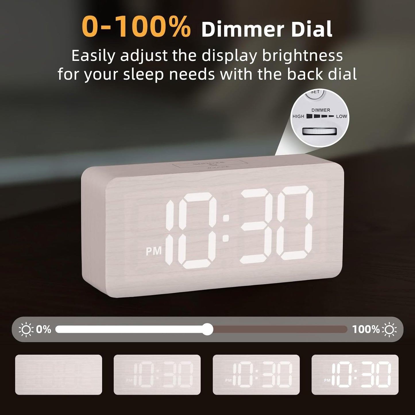 uscce Wooden Digital Alarm Clocks for Bedrooms: Dimmable Dual Alarm Clock with Large Numbers for Bedside Desk - Loud Alarm for Heavy Sleepers with Volume Control - Wood Decor & Gifts