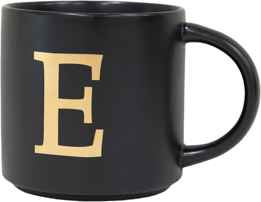 COLLECTIVE HOME - Monogram Ceramic Mugs, 15 oz Golden Initial Black Coffee Cups, Elegant Alphabet Tea Mugs, Elegant Personalized Mug with Gift Box, Unique Mug with Double Side Capital Lette (E)