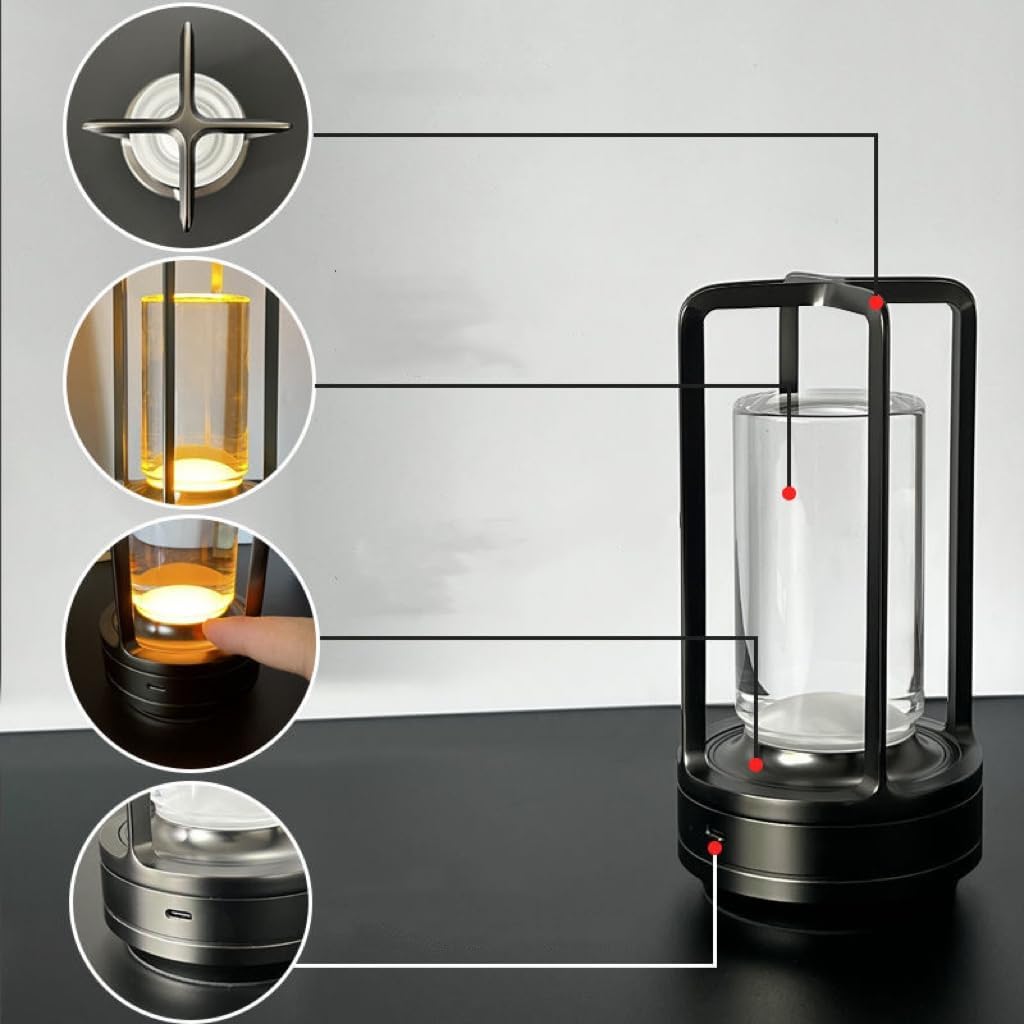 Portable Metal Table Lamp for Indoor/Outdoor ,Rechargeable Cordless LED Lamp, 3-Colour Infinitely Dimming Battery Powered Small Desk Lamp, Restaurant/Bedroom/Bar/Coffee Shop/Camping Light (Black)