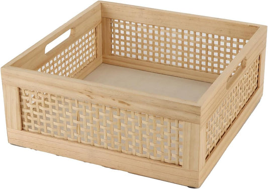 YRMT Wood Storage Crate Basket Rustic Wooden Storage Container for Organizing Decorative Bamboo Box with Handles for Pantry, Shelves Organizer 11.4" x 11.4" x 5" (Natural)