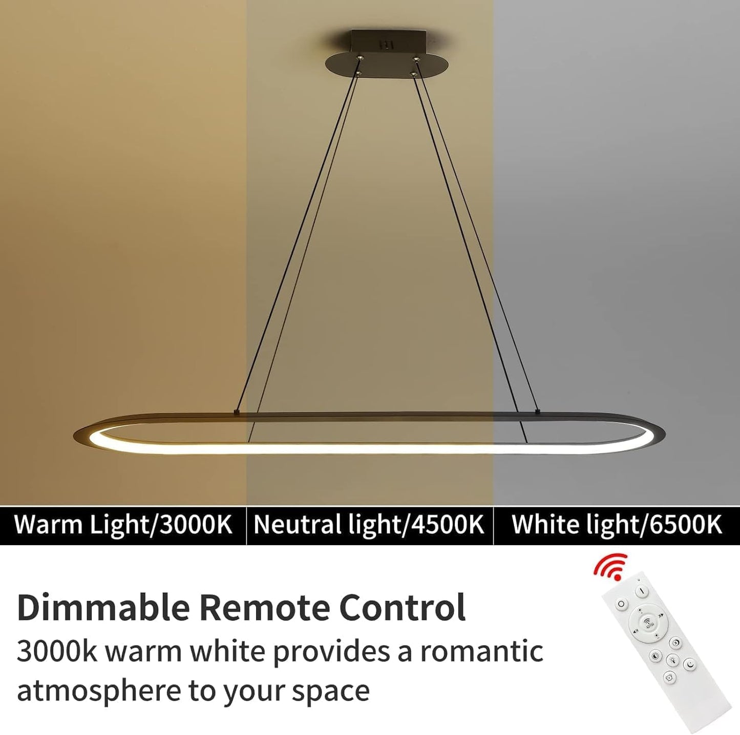 Island Lights, Linear Pendant Light LED Dimmable Hanging Light Fixture, 3000K-6500K with Remote Control,Chandeliers for Dining Room(Black,39.3IN)