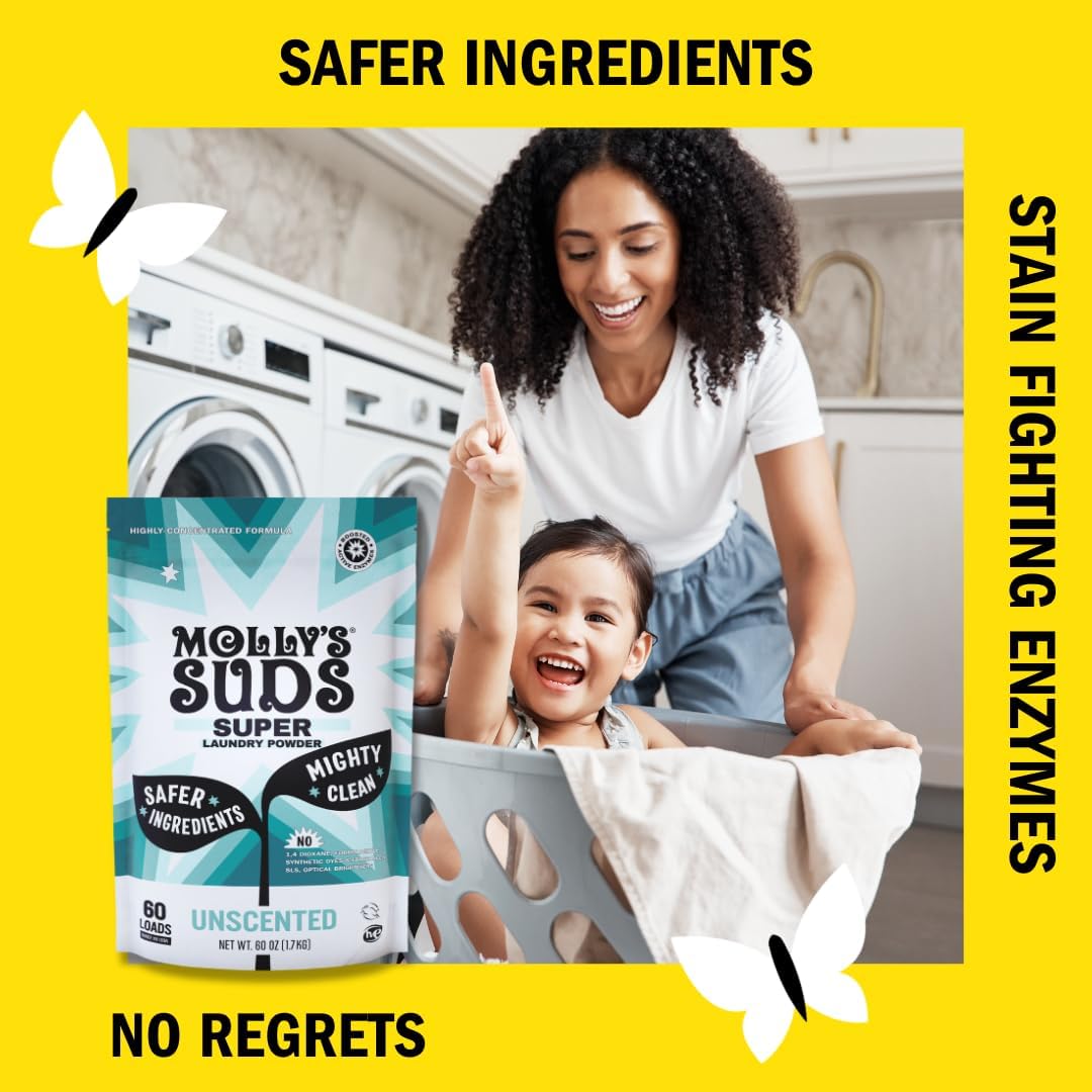 Molly's Suds Unscented Super Powder Detergent | Extra Strength Laundry Soap, Stain Fighting | Sensitive Skin | Simple, Effective Ingredients | 60 Loads
