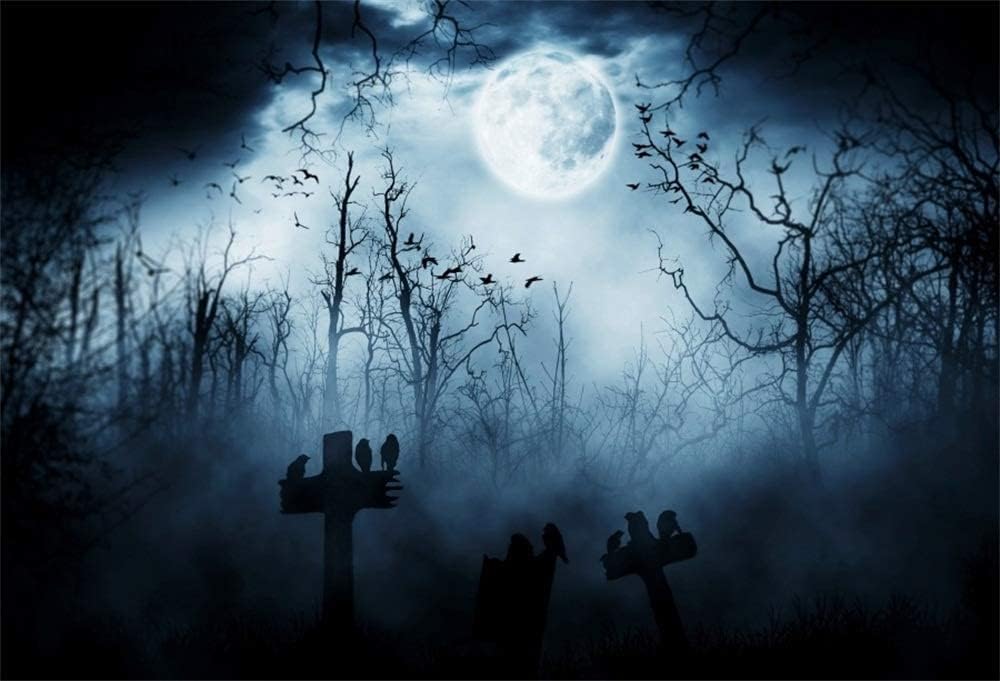 AOFOTO 10x6.5ft Moon Night Halloween Cemetery Photography Backdrop Flying Bats Birds Stand on Gravestone Cross Graveyard in Dark Forest Photo Background Cloth Vinyl Wallpaper Photo Studio Props