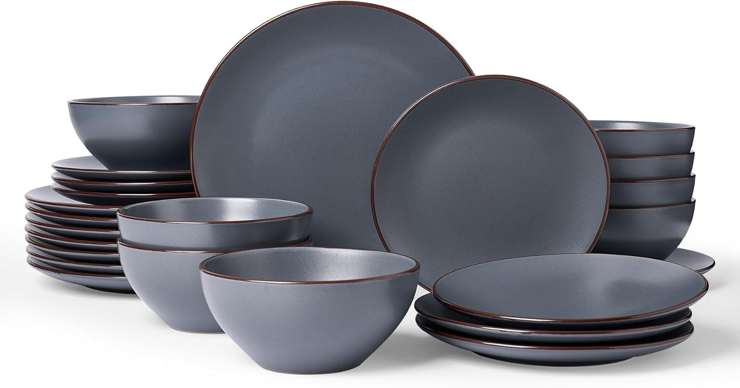 Famiware Venus Ceramic Plates and Bowls Sets, Speckled Dinnerware Dish Sets for 8 (24 Pieces) - Microwave and Dishwasher Safe, Matte Charcoal