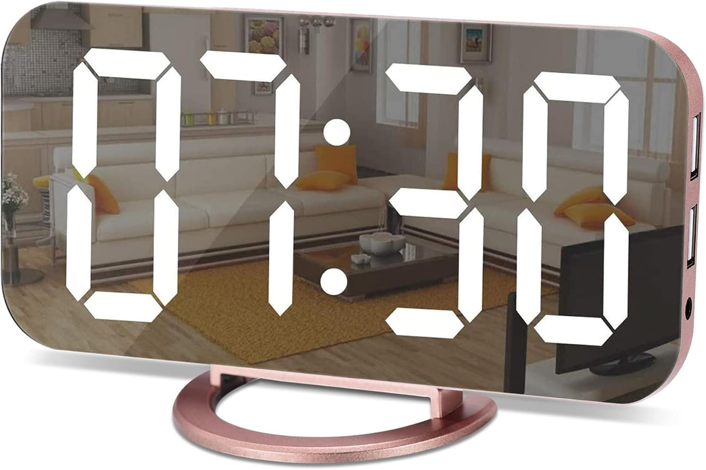 SZELAM Alarm Clock for Bedroom,LED and Mirror Digital Clock Large Display,with Dual USB Charger Ports,Auto Dim,Snooze Mode,Modern Desk/Wall Electronic Clock for Girl Woman Mom Teens - Rose Gold