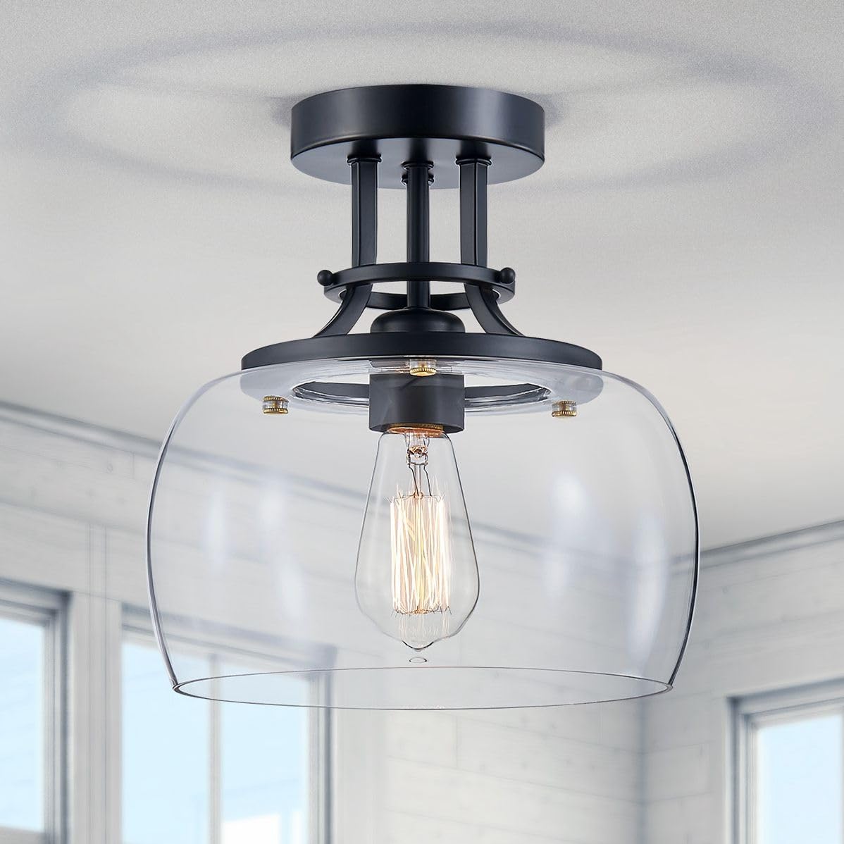 WUZUPS Chandelier Rustic Farmhouse Industrial Round Semi-flushmount Ceiling LED Light Fixture with Clear Glass Shades for Bathroom Kitchen Foyer Entryway, H 10" x W 10", E26 Base, Black