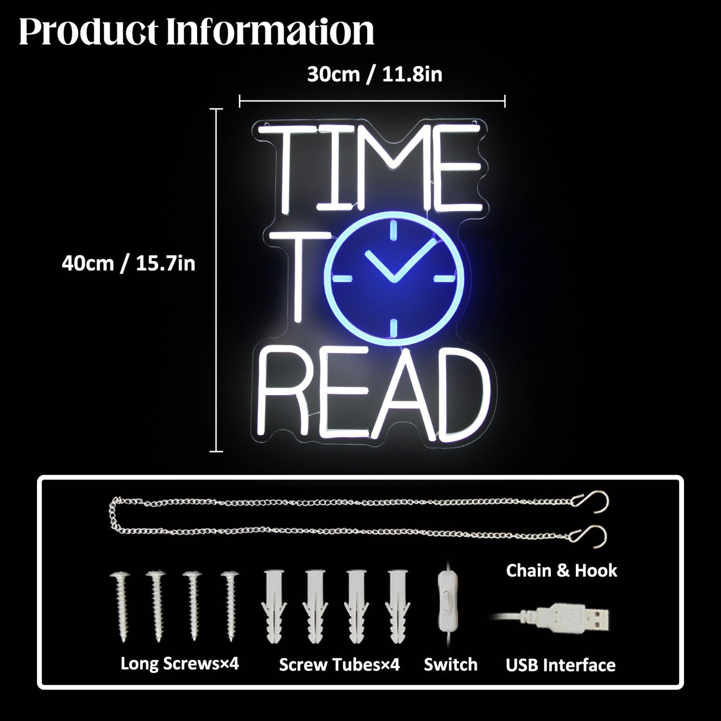 Time To Read Neon Sign Read Books Neon Light White Letter LED Signs Blue Clock Neon Read Light Up Sign for Bedroom Classroom Library Reading Corner Bookstore Decor