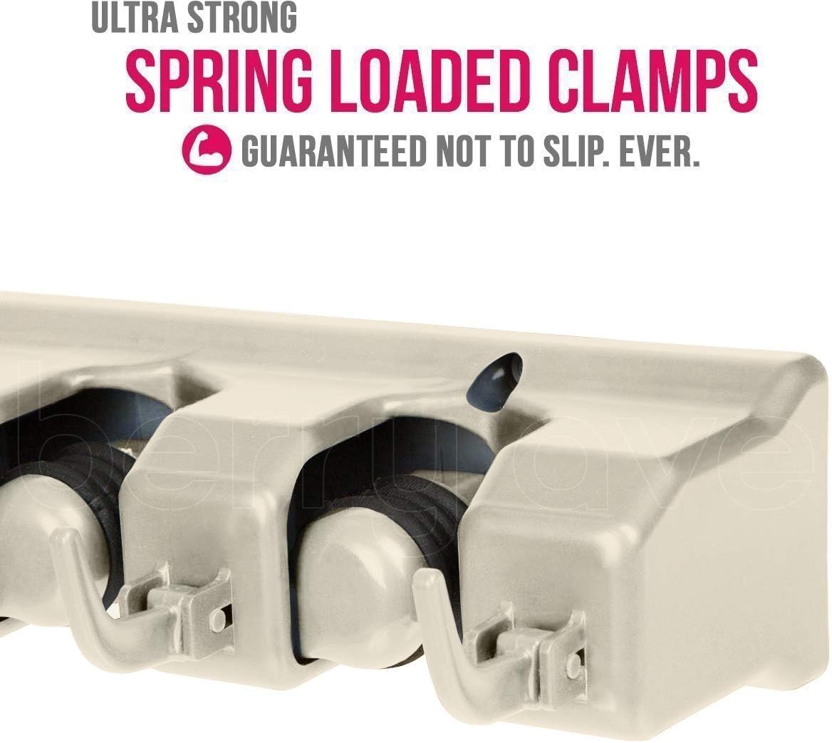 Berry Ave Broom Holder & Wall Mount Garden Tool Organizer- Kitchen, Closet, Garage & Laundry Room Storage With 5 Slots And 6 Hooks- Wall Holder For Broom, Rake & Mop Handles Up To 1.25” [Beige 2-Pack]