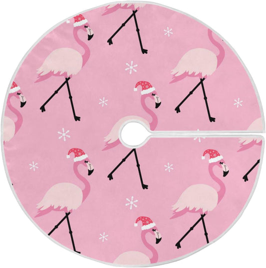 Christmas Pink Flamingo Tree Skirt, Seasonal Tree Mat Holiday Party Supplies Ornaments Indoor Outdoor Decorations for Tabletop Trees 35.4 Inches