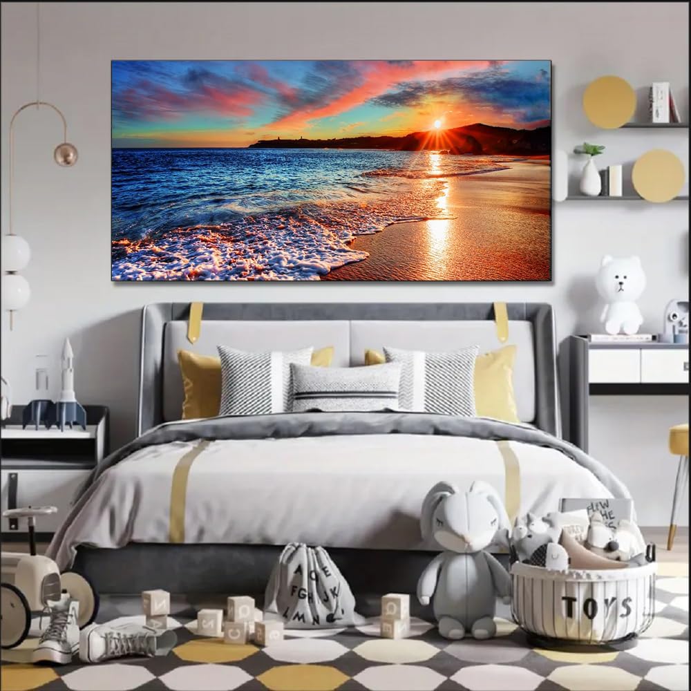 Yxbhhym-Large Pictures for Living Room Wall Art Sunset Beach Artwork for Wall Coastal Room Decor Ocean Canvas Wall Art Seascape Print Painting Sea Poster Bedroom Wall Decor Office Home Decoration