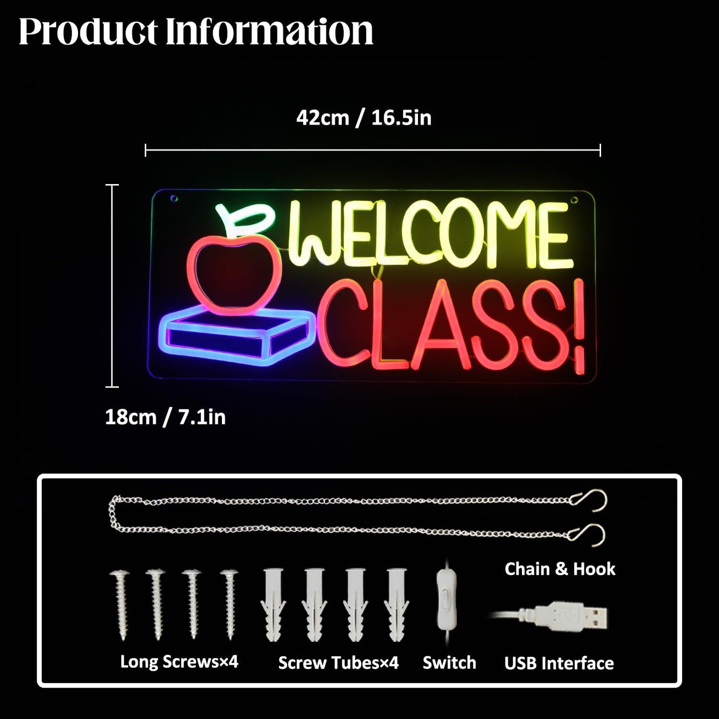 Welcome Class Neon Sign Student Classroom Neon Lights Apple Book LED Signs for Wall Colorful Back to School Wall Art Neon Light Up Signs for Classroom School Opens Party Decorations