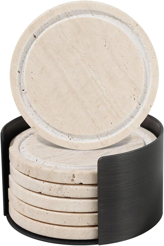 Marble Coasters Set of 6, Absorbent Stone Drink Coasters with Cork Backing, Non-Slip Modern Table Decor for Kitchen & Living Room, Natural Travertine Coasters for Drinks