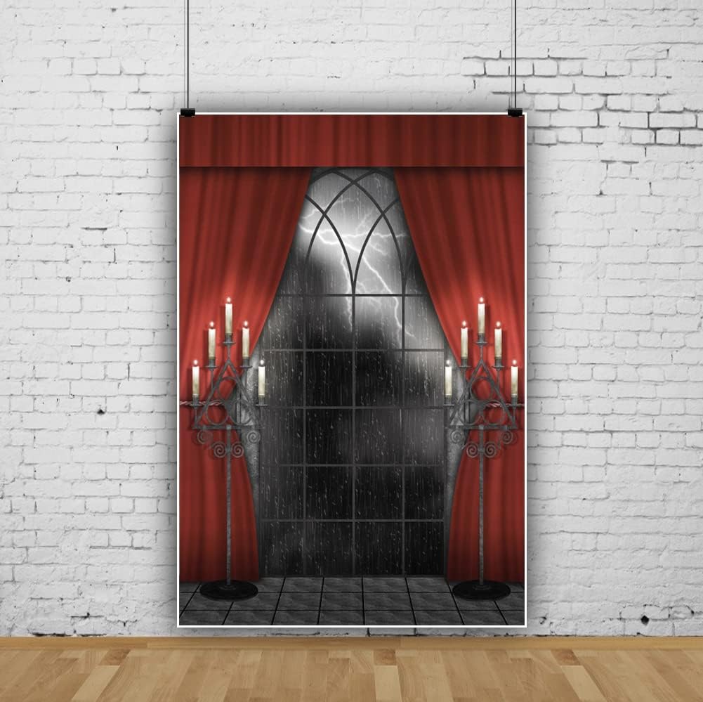 Renaiss 7x10ft Vintage Gothic Window Backdrop Red Curtain Candlestick Black Floor Lightning Stormy Sky Vampire Medieval Castle Photography Background Halloween Dress Up Party Decors Photo Booth Props