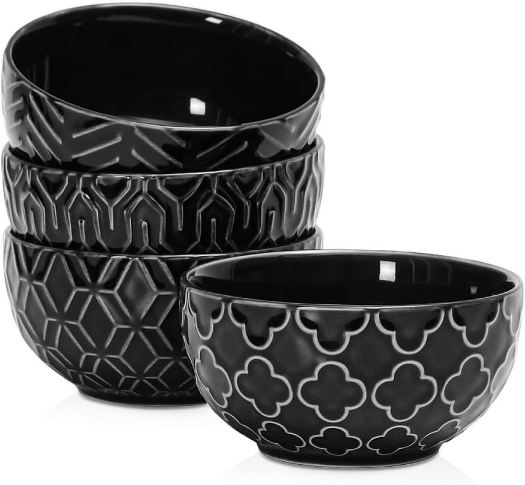 Sureasy Small Bowls 4 OZ, 3.5 Inch Dipping Bowls, Ceramic Embossed Mini Bowl for Side Dishes, Sauces, Appetizer, Housewarming, Set of 4, Black