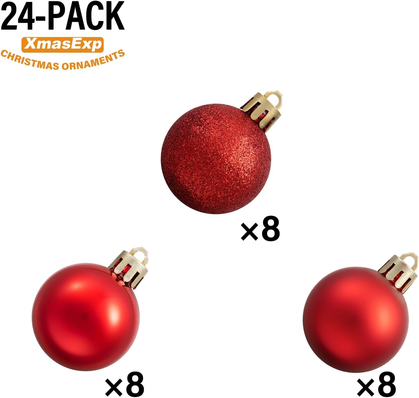 XmasExp 24ct Mini Christmas Ball Ornaments Shatterproof Christmas Ornaments Set Decorations for Xmas Tree Balls 30mm/1.18" (Red)