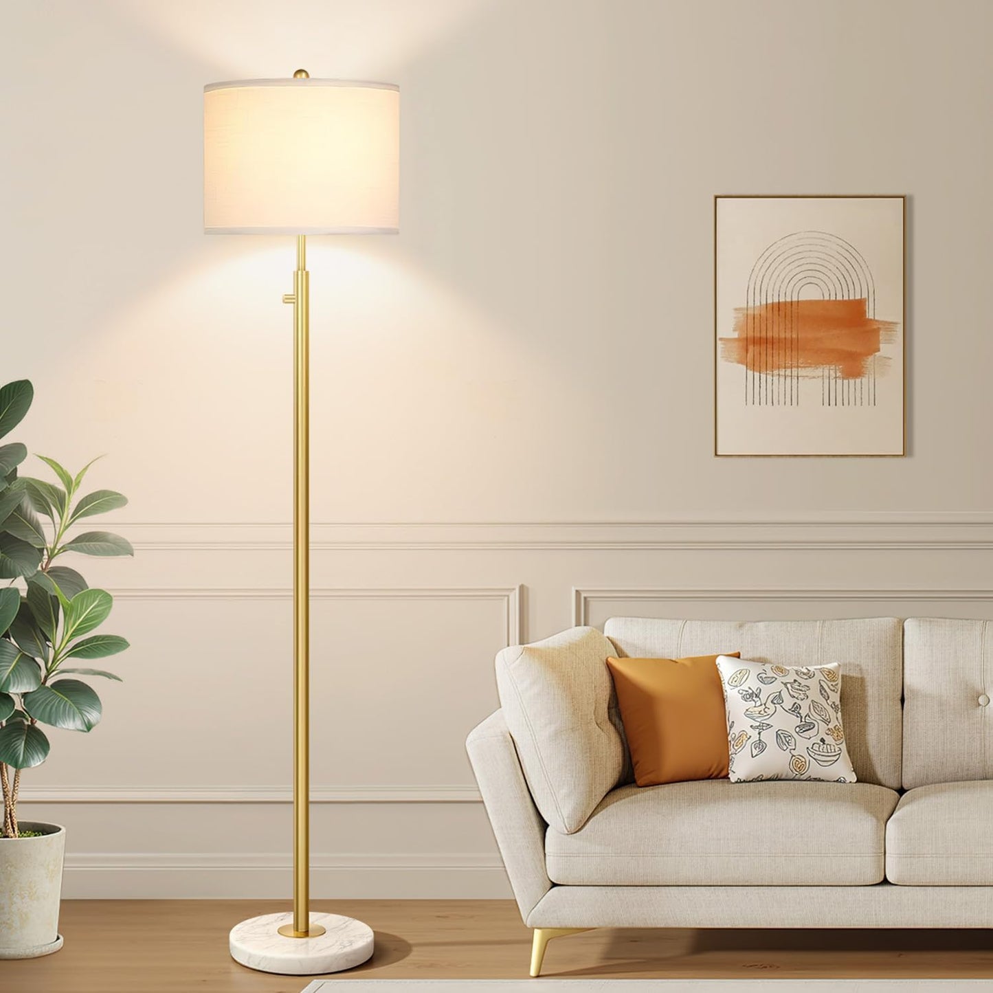 【Upgraded】Dimmable Gold Floor Lamps for Living Room, 11W LED Bulb Included, Modern Standing Lamp with Marble Base, Tall Pole Light with White Linen Shade for Bedroom Reading Office Corner Nursery