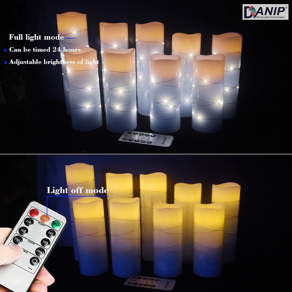 Sky Blue Flameless Candle, with Built-in Star Clusters, 9 LED Candles, 11 Button Remote Control, 24-Hour Cycle Timing, Flashing Flames, Real Wax, Battery Powered. (Full Sky Star Series)…