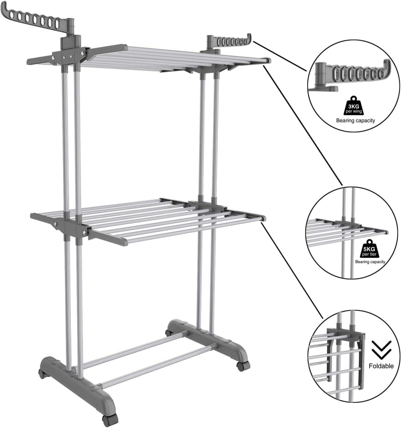 Bigzzia 3 Tier Clothes Drying Rack, 57 Inch Laundry Drying Rack, Foldable Stainless Steel Kids Clothing Rack, Movable Laundry Rack for Indoor Outdoor - Grey