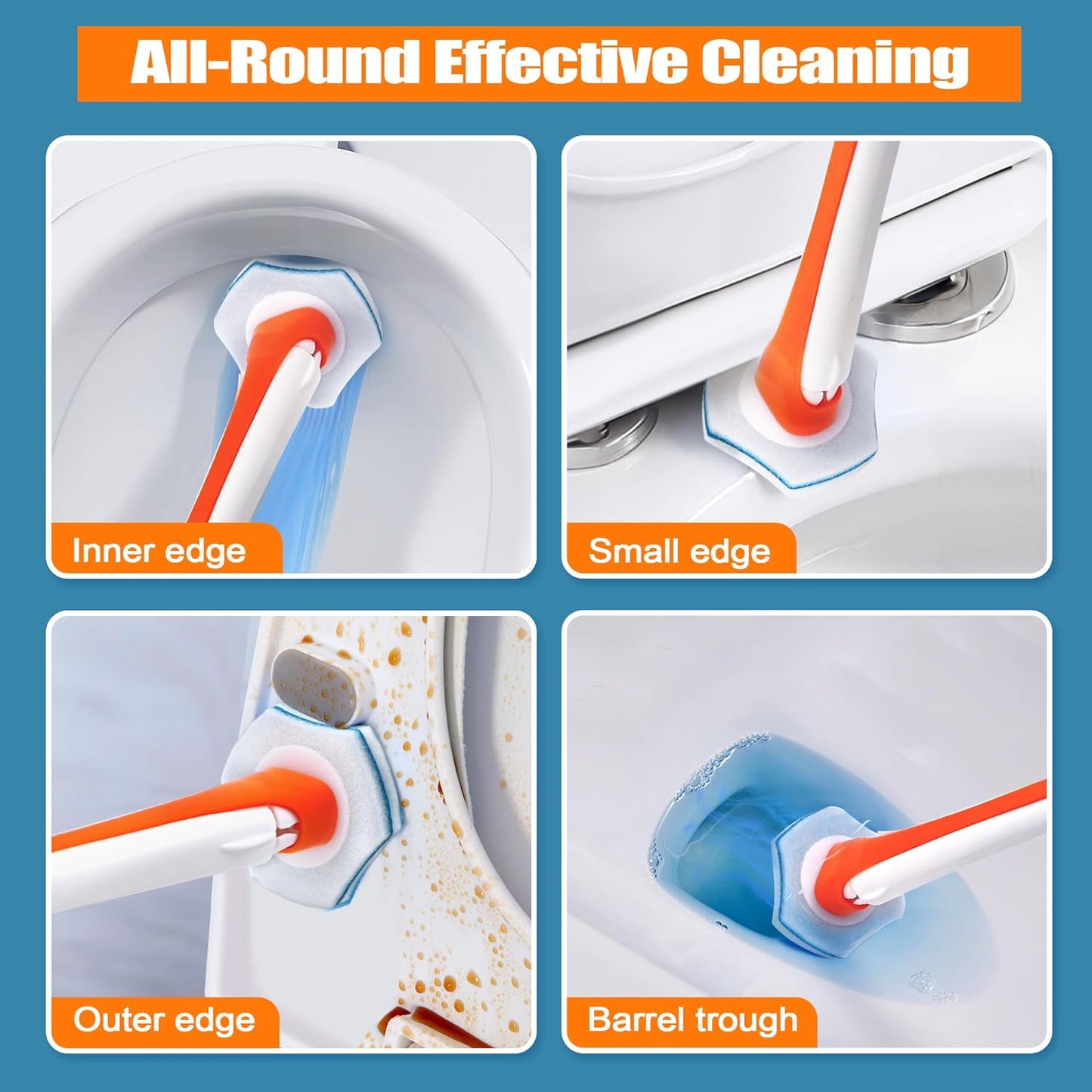 JEHONN Disposable Toilet Bowl Cleaner Wand with 40 Cleaner Refills, Wall Mounted Long Handle Compact Bathroom Scrub Brush Holder Set for Sink Bathtub Wash Basin Mop Pool (Orange)