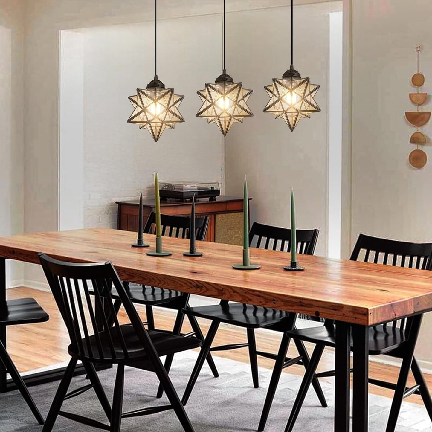 Farmhouse Modern Glam Chandelier Dining Room Clear Glass Star Pendants Light Fixture Kitchen Island LED Ceiling Hanging Lights Included Warm Light Bulbs Black