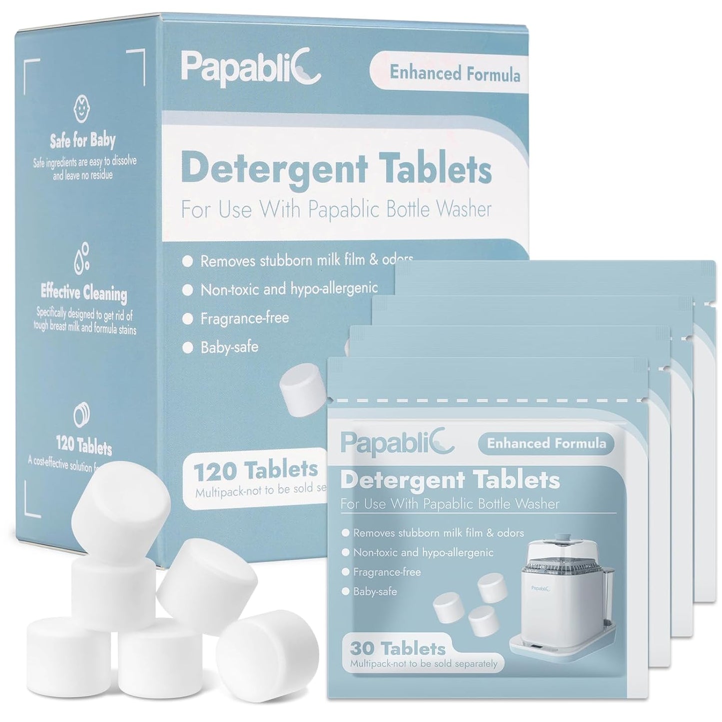 Papablic 120Pcs Official Detergent Soap Tablets for Baby Brezza,GROWNSY,Momcozy Bottle Washer Pro, Effective Cleaning with Safe Highly Concentrated Formula