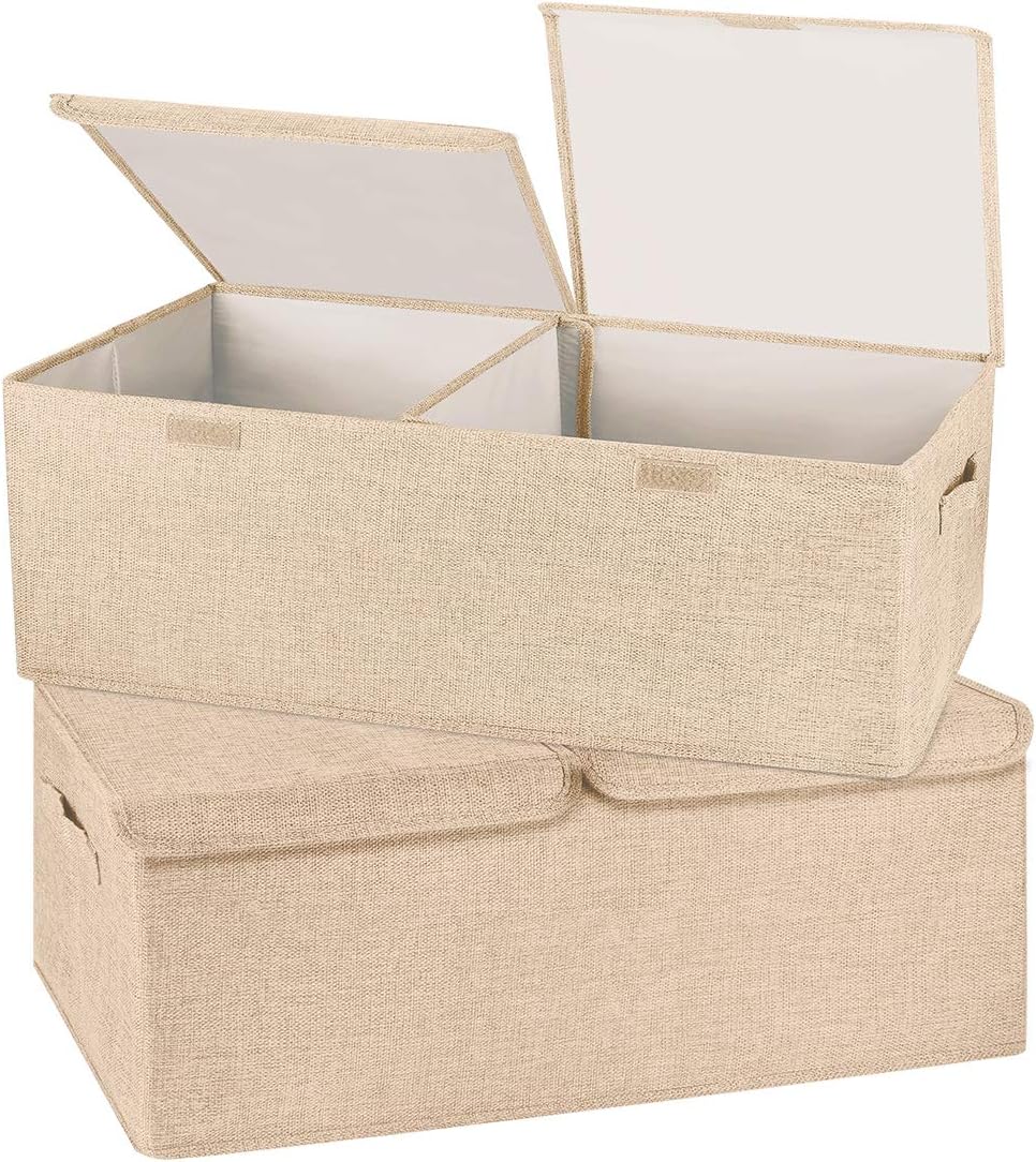 2 Pack Storage Boxes with Lids and Handles, Collapsible Linen Storage Bins Organizer Containers Baskets Cube with Removable Divider for Home Bedroom Closet Office (Khaki, Small)