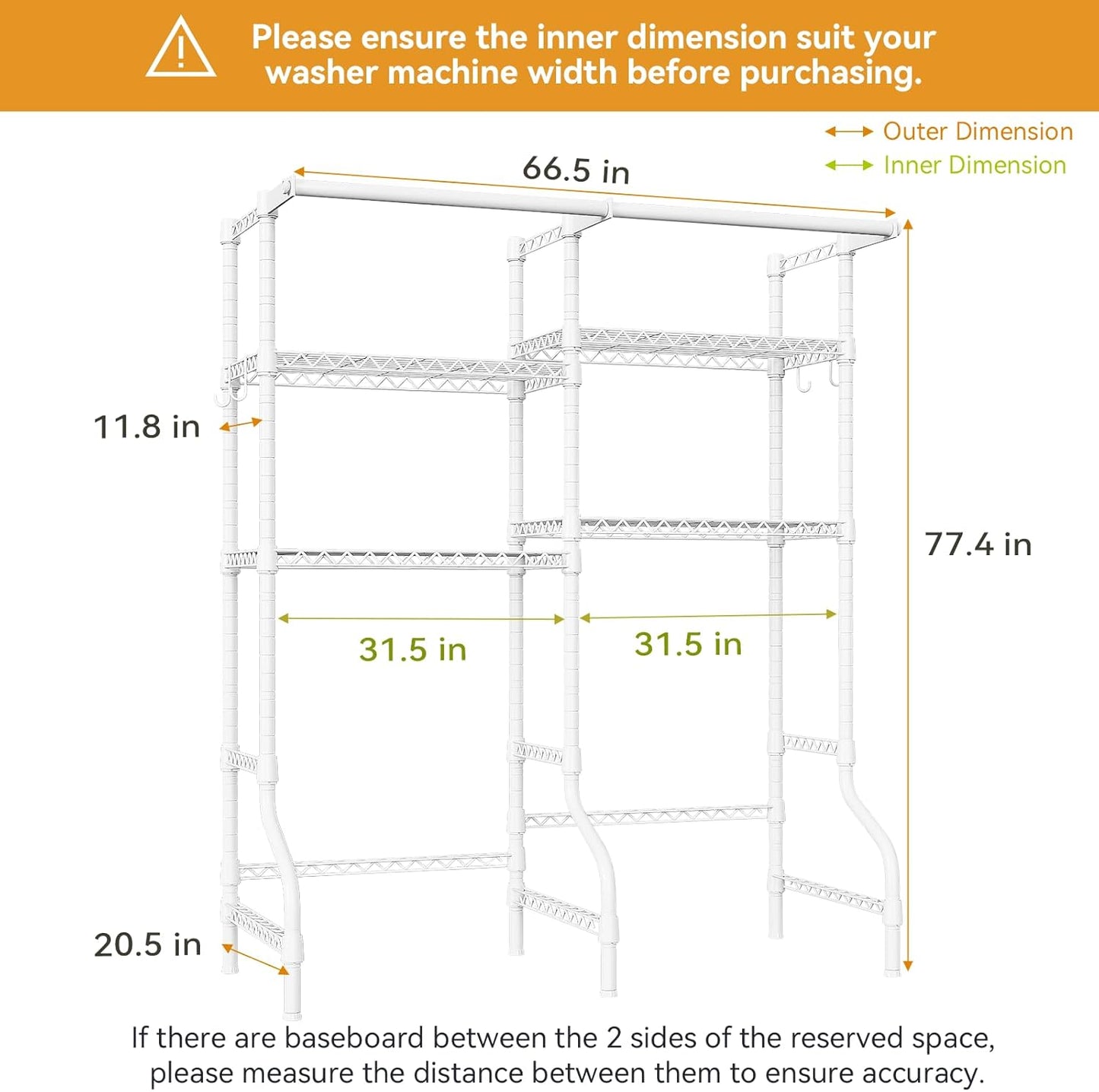 U14 Over Washer and Dryer Storage Shelves, 4 Tiers Laundry Room Storage and Organizer System, Space Saving Clothes Drying Rack with 2 Clothes Hanger Rods, 66.5" W x 20.5" D x 77.4" H, White