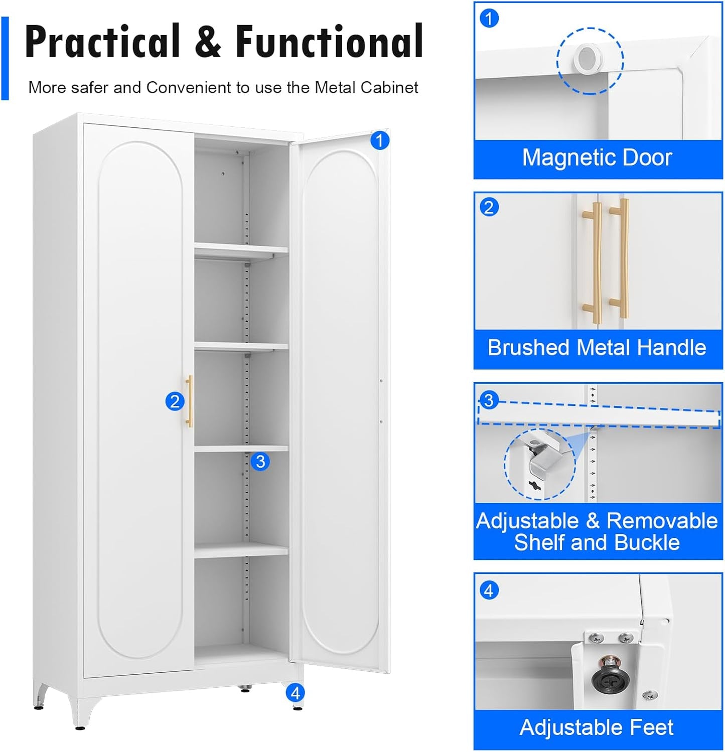 Metal Storage Cabinet with Doors and Shelves, 75 Inch Tall Kitchen Pantry Cabinet, Pantry Cabinets for Kitchen Storage, Freestanding Cupboard for Living, Dining Room, White, Assembly Required