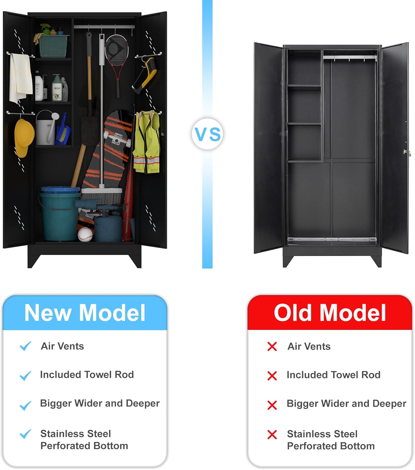 Metal Storage Cabinet with Lock Door, 75" Tall Garage Storage Cabinet with Hanging Rod, Broom Closet Bathroom Storage Cabinet, Cleaning Tool Cabinet