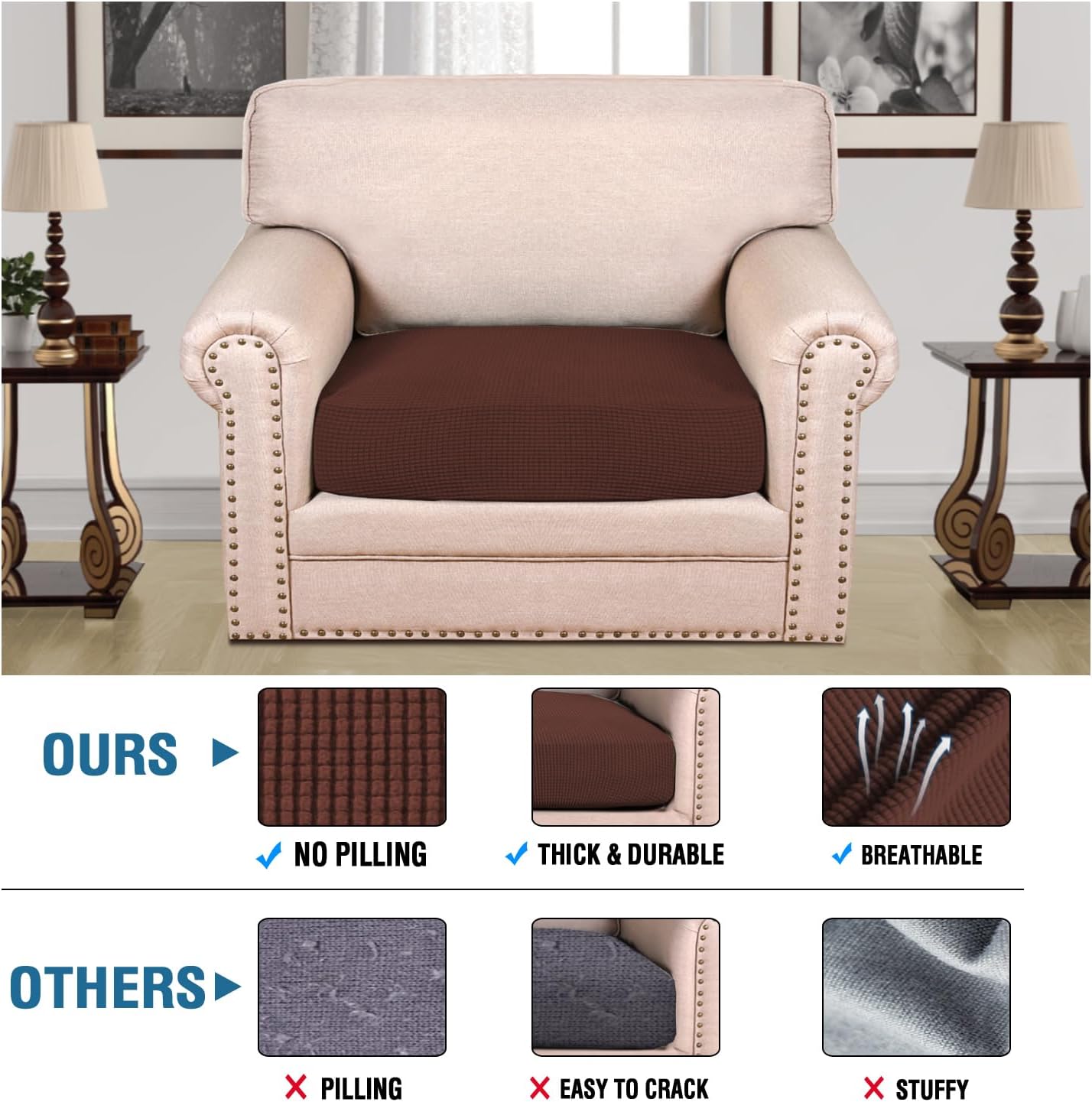 H.VERSAILTEX Super Stretch Individual Seat Cushion Covers Sofa Covers Couch Cushion Covers Slipcover Sets Thick Jacquard Textured Twill Fabric (1 Piece Chair Cushion Cover, Burnt Brick)