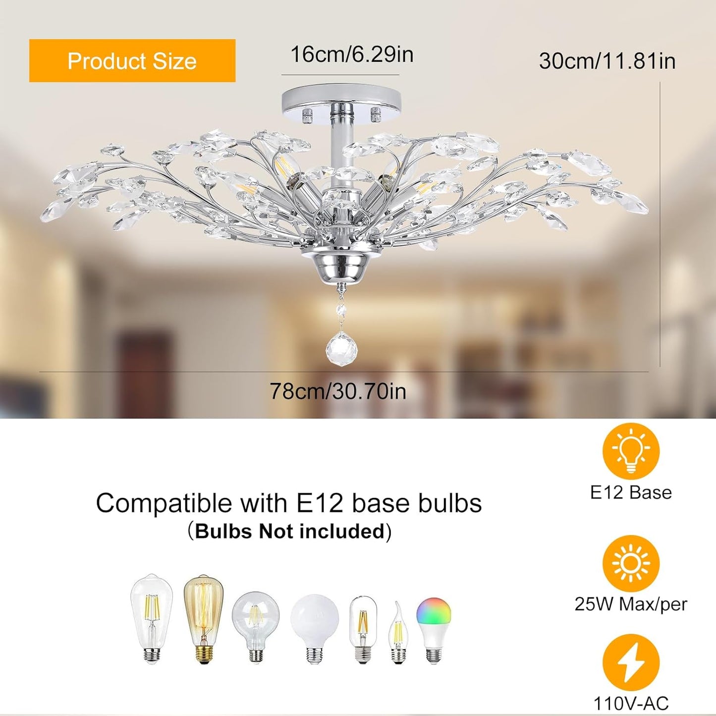 Ganeed Frozen Crystal Branch Close to Ceiling Light Chrome Silvery Vintage Chandelier with 5-Light Heads, Modern K9 Crystal Chandelier for Dining Room Living Room Bedroom Kitchen Over Table