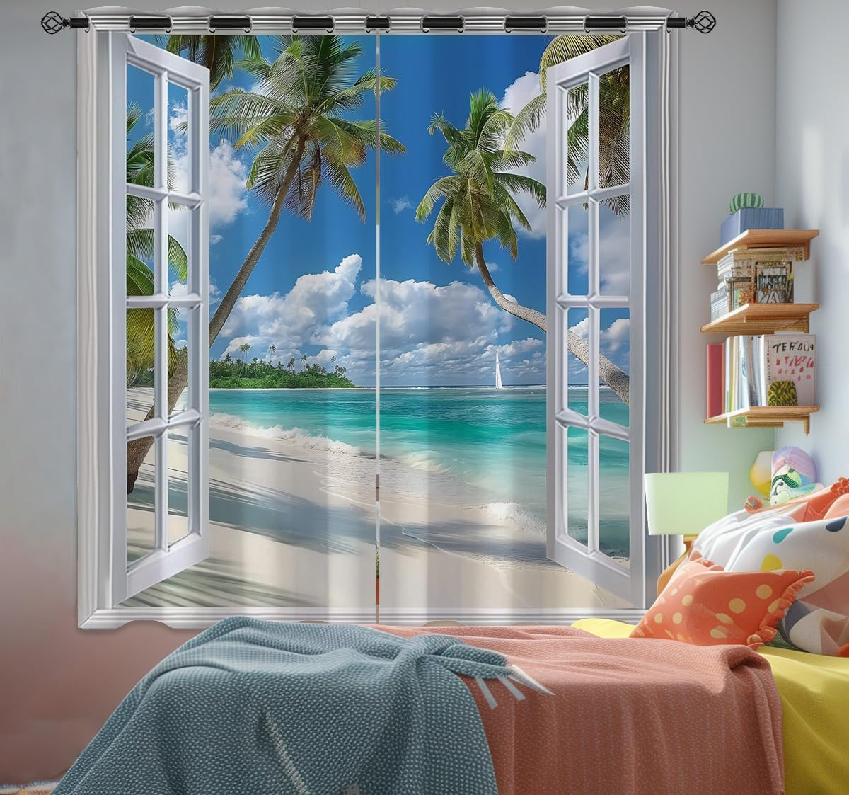 Beach Blackout Curtains for Girls Boys Teens Home Decor, Tropical Summer Scene Ocean Island Palm Tree Grommet Thermal Insulated Drapes Darkening Window Curtain for Bedroom Living Room, 63 x 63 Inch