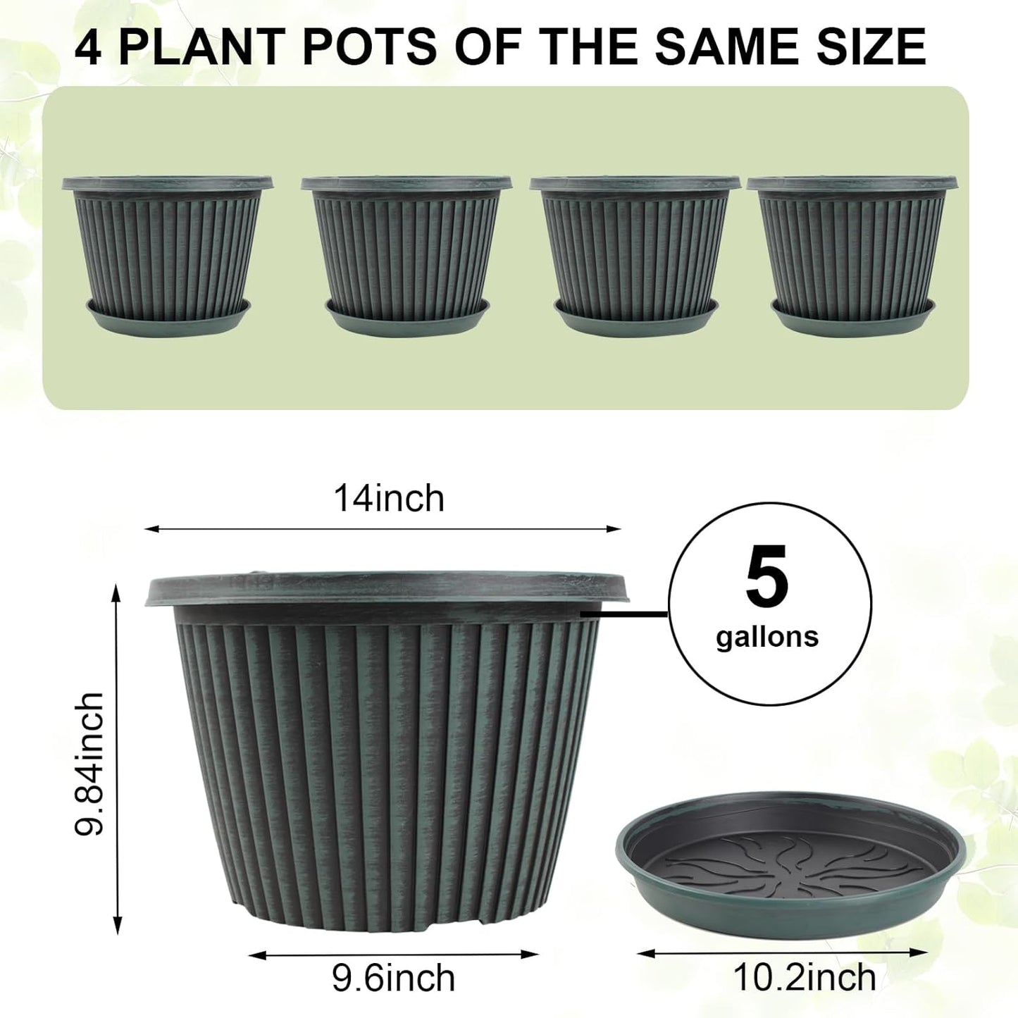 Large-Planter-Indoor-Outdoor Plant Pots, 14 inch 4 Pack Plastic Flower Pots with Saucer And Drainage Holes, Modern Garden Planters For Planting Medium Large Plants， Decorative Resin Garden Pots