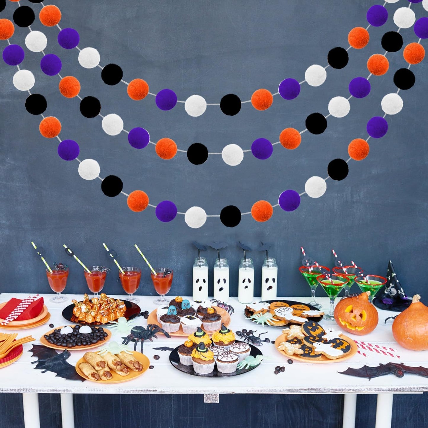 Jishi Fall Event Garlands, 3pk Orange Black White Felt Pom Pom Garland, 6.6ft Long, 25mm 24 Balls, Halloween Thanksgiving Party Decor