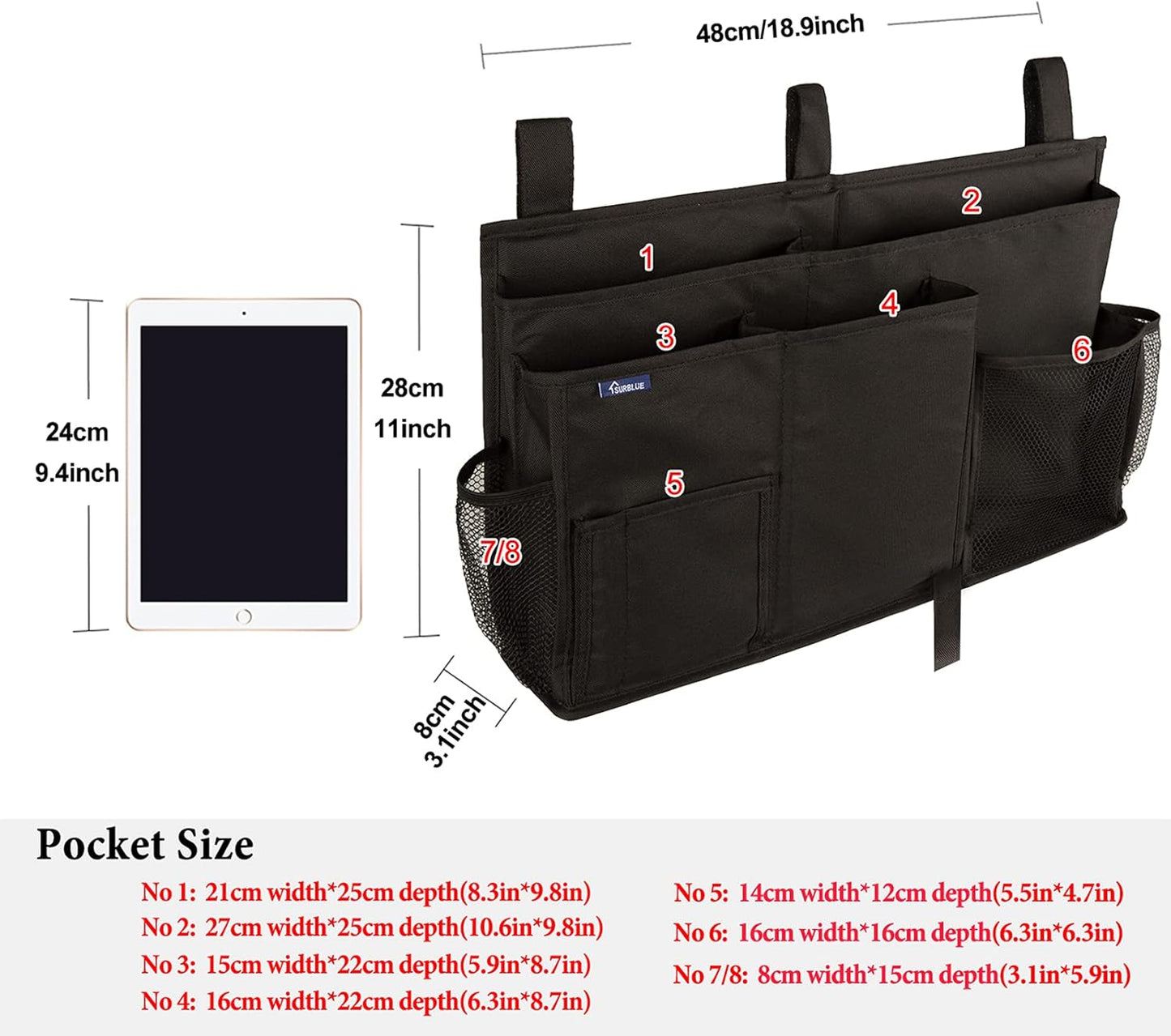 Surblue Caddy Hanging Organizer Bedside Storage Bag for Bunk and Hospital Beds, Black, L