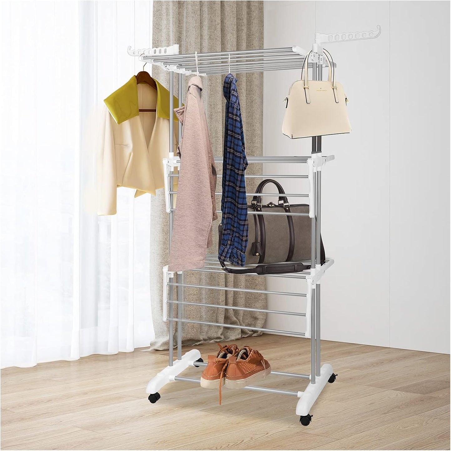 Bigzzia Clothes Drying Rack, Folding Stainless Steel Drying Rack Clothing Indoor Outdoor, Space-Saving, 4 Tier Laundry Drying Rack with Two Side Wings -Grey White