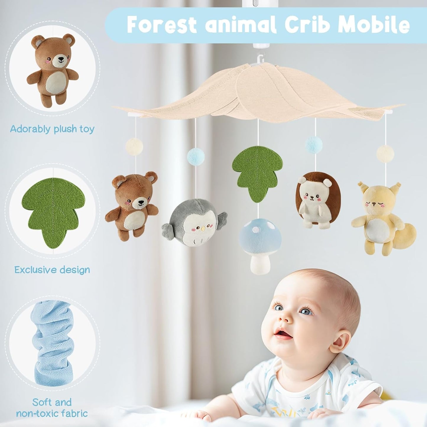 Woodland Crib Mobile – Forest Animals Baby Mobile for Crib with Upgraded 3-Mode Music Box, Blue Nursery Mobiles for Boys & Girls, Fits Standard Cribs, Forest Nursery Decor