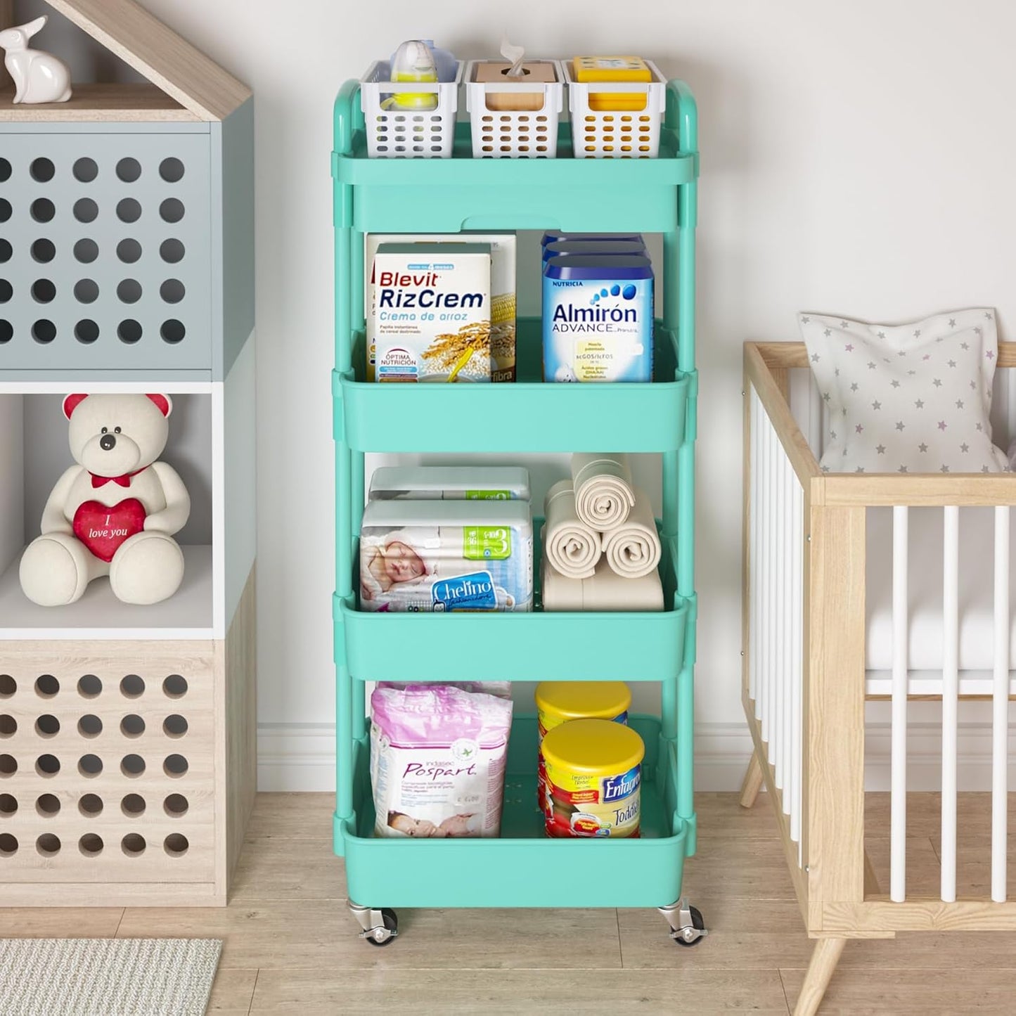 Calmootey 4-Tier Rolling Utility Cart with Drawer,Multifunctional Storage Organizer with Plastic Shelf & Metal Wheel,Storage Cart for Kitchen,Bathroom,Living Room,Office,Green