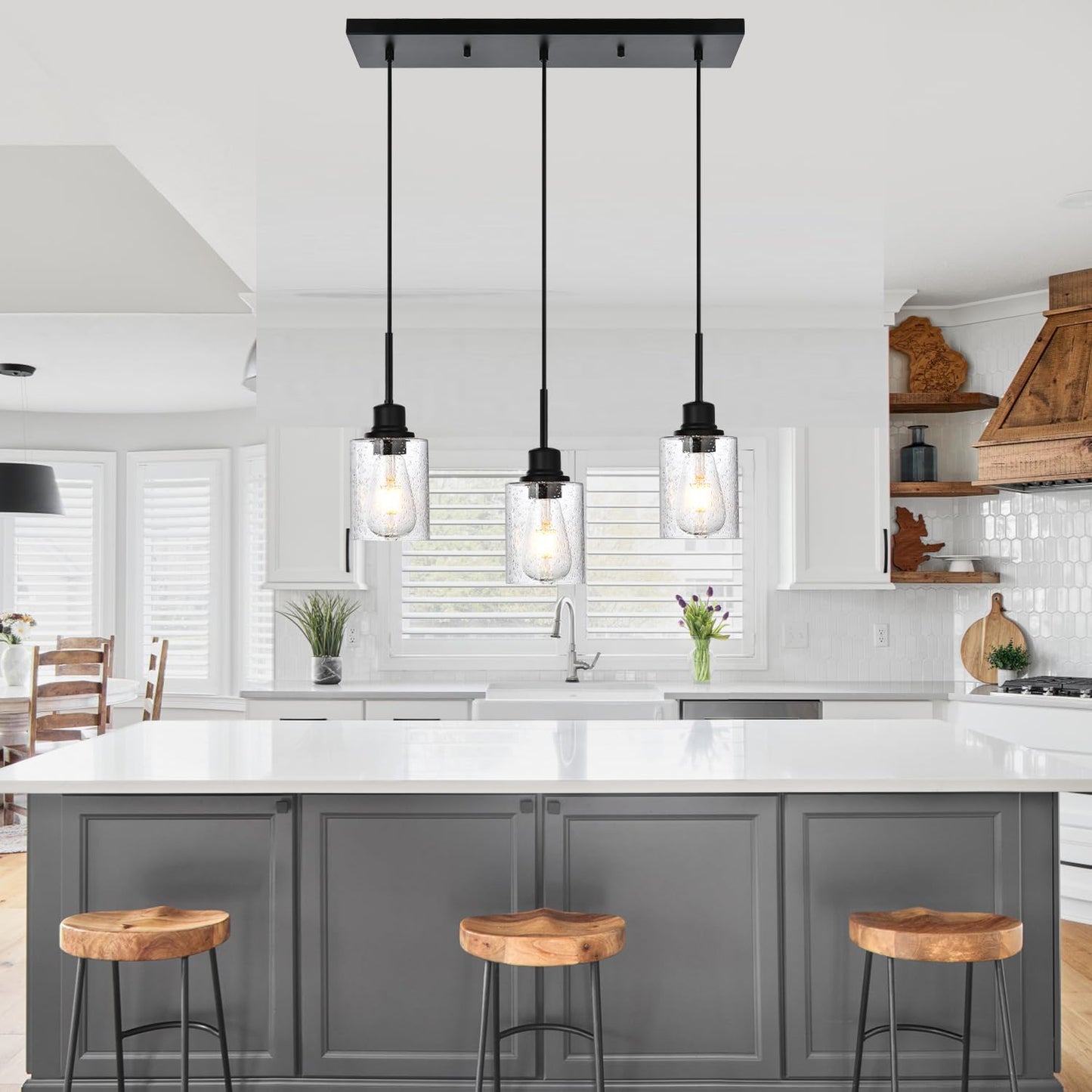 Modern 3-Light Pendant Island Light Fixture Black Ceiling Hanging Lights with Clear Seeded Glass and Adjustable Cord,Industrial Pendant Lighting for Kitchen Living Room Dining Room Foyer