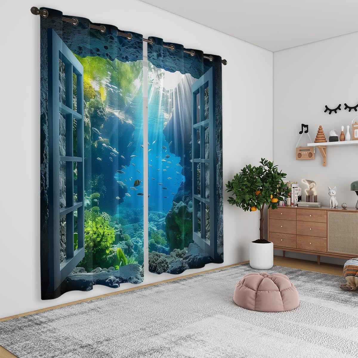 Ocean Fishs Blackout Curtains for Girls Boys Home Decor, Underwater Tropical Fish Undersea Coral Grommet Thermal Insulated Drapes Darkening Window Curtain for Bedroom Living Room, 42 x 45 Inch