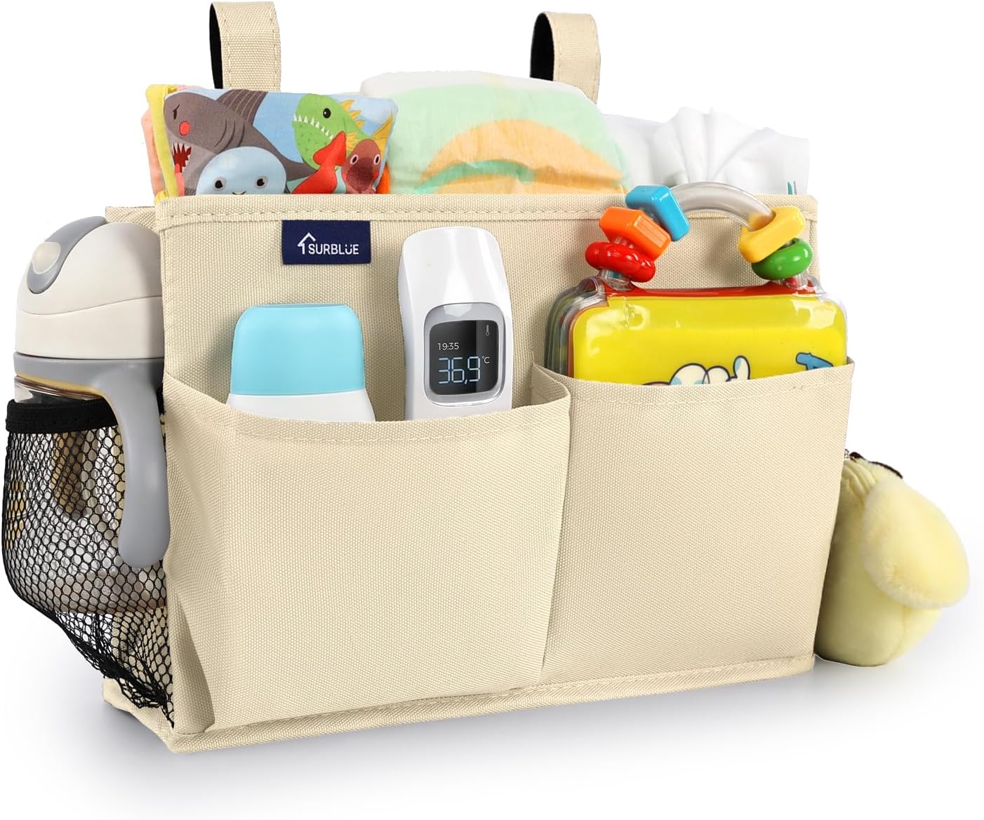 Surblue Bedside Caddy Hanging Organizer Storage Bag Pocket for Bunk, Hospital, College Dorm Rooms, Baby Bed Rails, Camp - 8 Pockets, Large, Beige