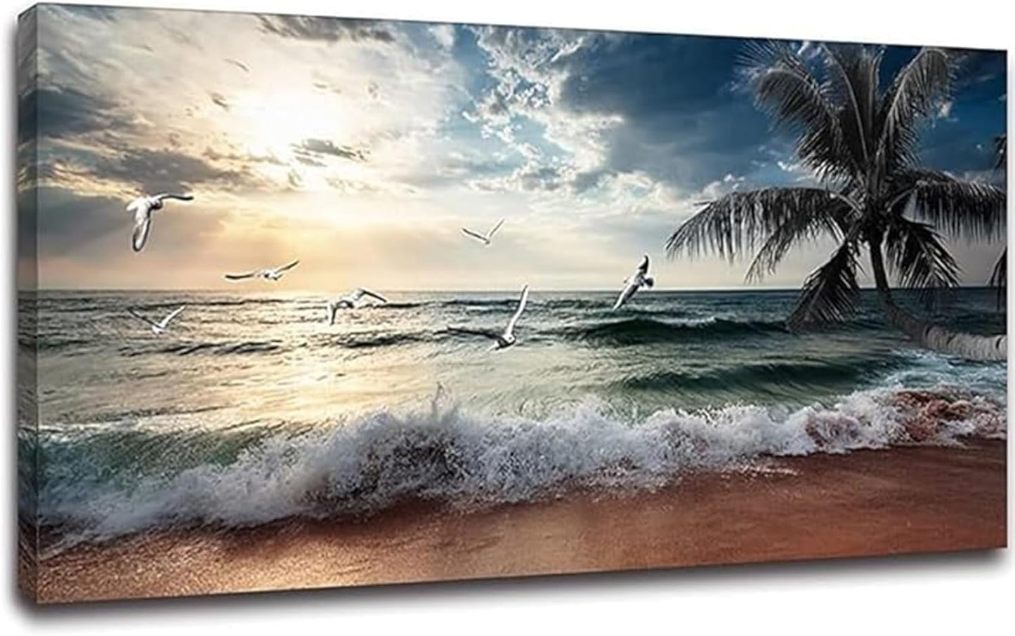 Yxbhhym Large Canvas Wall Art Beach Ocean Prints Art Coast Sunset Sea Paintings Poster Scenery Picture Palm Artwork for Wall Art Living Room Bedroom Office Decorations Framed-30x60inches