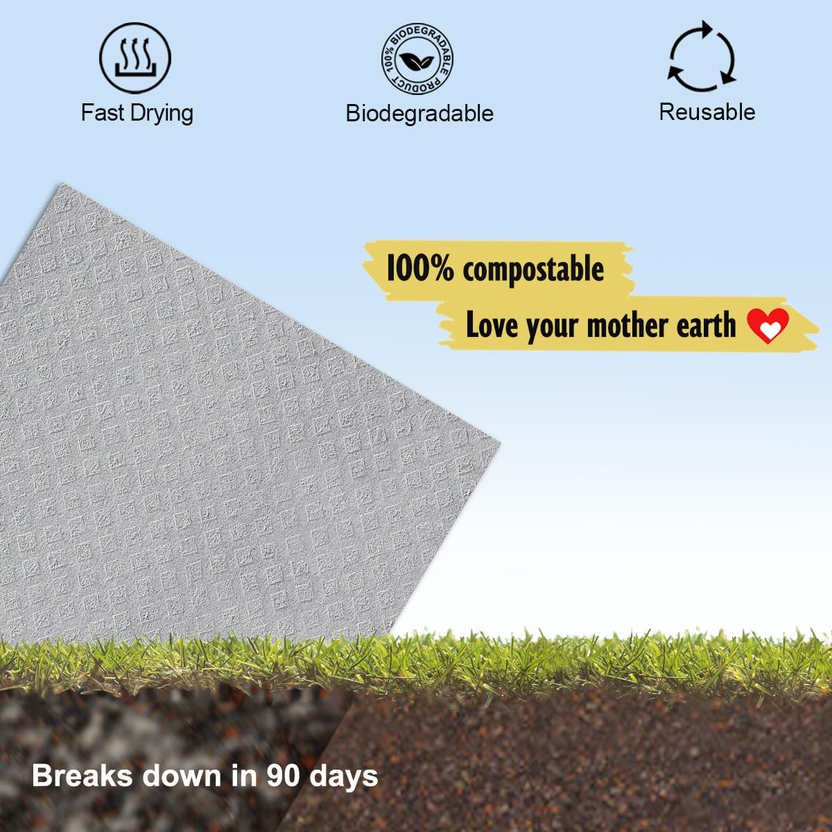 Swedish Dishcloths for Kitchen | 10 Pack Absorbent Cellulose Sponge Cloths Washable | Non-Scratch Reusable Paper Towels Quick Drying Cleaning Rag - Grey